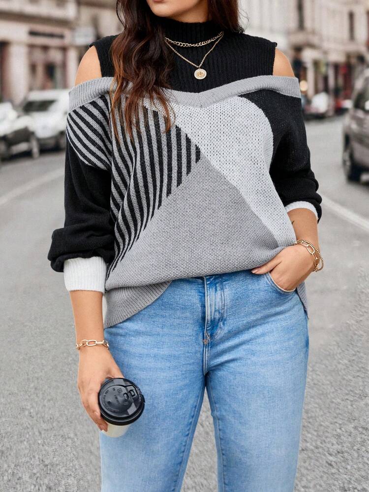 Women's Plus Size Striped Colorblock Sweater Pullover Knit Pullover Fall Winter Sweater