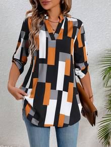 SHEIN LUNE 留口領幾何印花短袖襯衫 - 彩色 - 查看 6