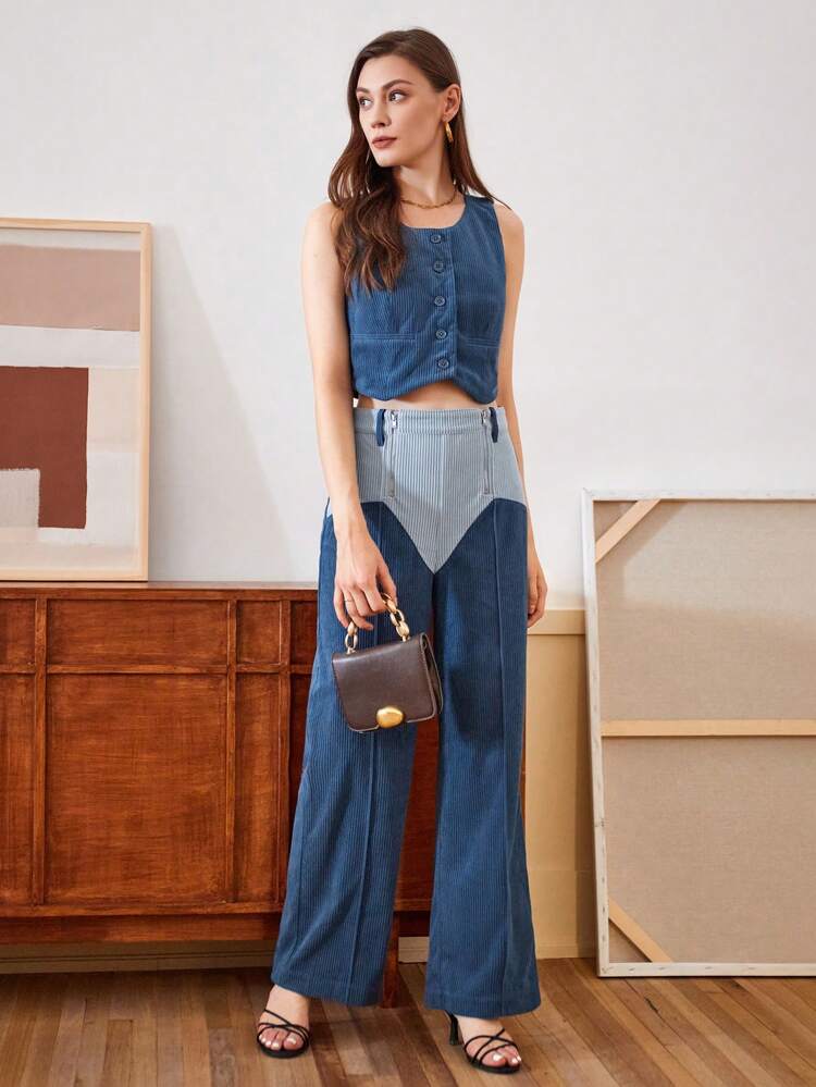 Women's Vintage Sleeveless Top & Long Pants Two Piece Set With Patchwork Design
