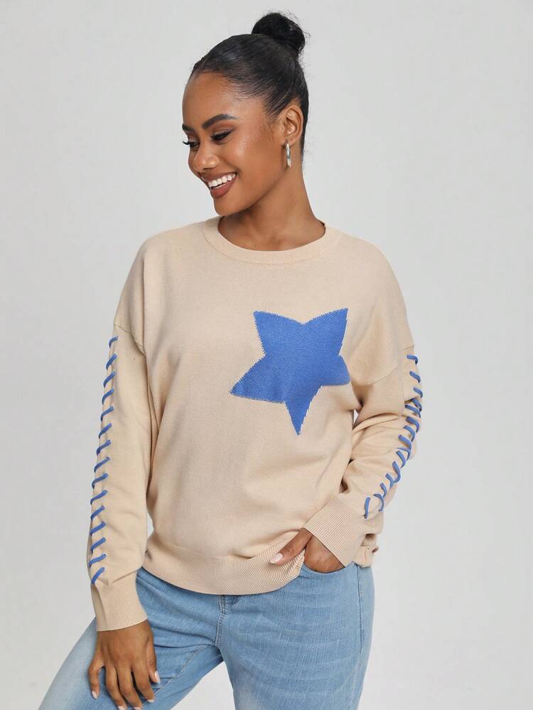 Artist Star Pattern Round Neck Drop Shoulder Sweater, For Holiday, Vacation, Festival, Ibiza Fits Knit Pullover Fall Winter Sweater