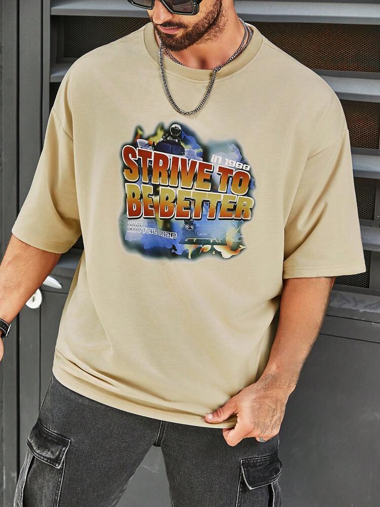 Loose Men's Plus Size Text Printed Short Sleeve T-Shirt