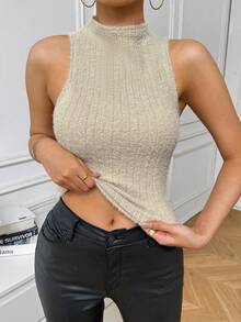 SHEIN Privé Của phụ nữ Đứng cổ áo Áo vest Áo - Màu be - Xem 3