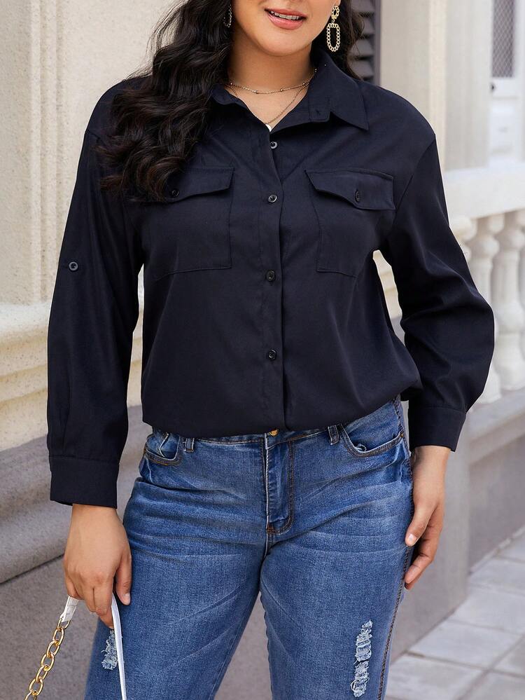 Plus Size Flip Pocket Long Sleeve Shirt