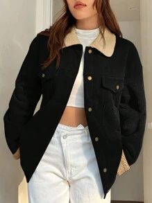 SHEIN EZwear Women's Corduroy Jacket With Fur Collar - Black - View 1