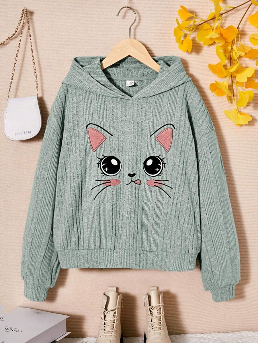 SHEIN 女童卡通猫图案撞色卫衣，适合青少年女孩 - 薄荷綠 - 查看 1