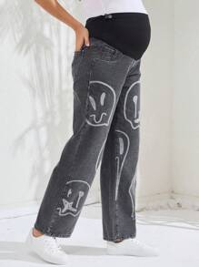 SHEIN Maternity Wide Leg Jeans With Face Print - Grey - View 6