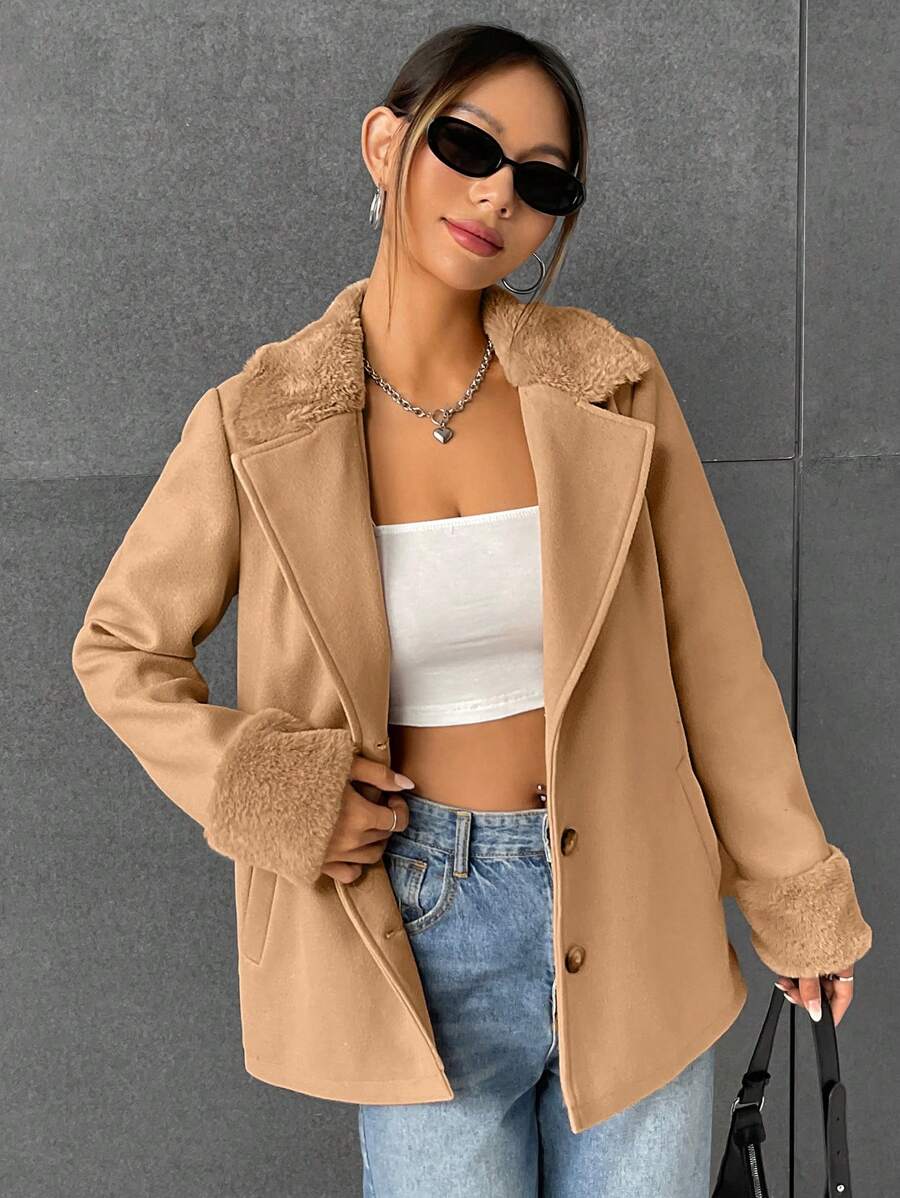 SHEIN EZwear 女士駝色編織羊毛外套 - 駝色 - 查看 1