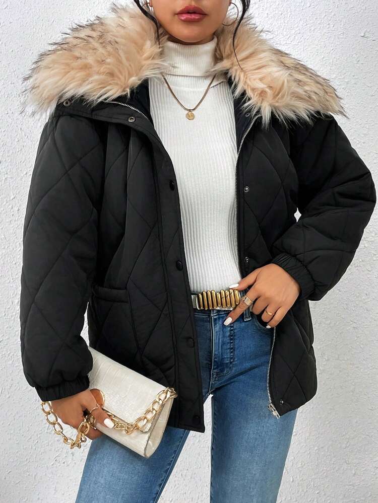 Ladies' Solid Color Padded Padded Coat Clothes Winter With Pockets, Button And Fur Collar Decoration Fall Cloth For Women