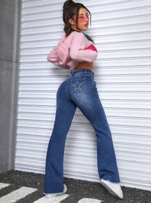 SHEIN EZwear Women's Geometric Print Frayed Hem Jeans - Medium Wash - View 2