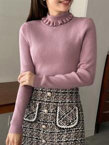 FRIFUL 素色褶邊小高領套頭毛衣 - 淡紫色 - 查看 1