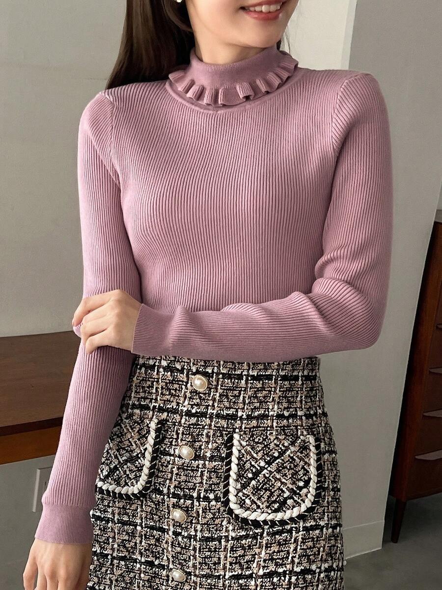 FRIFUL Chất rắn Lá sen tỉa Cổ giả Áo len - Màu tím hoa cà - Xem 1