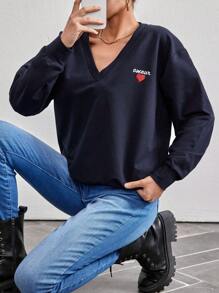EURMUSE Heart & Letter Embroidery Drop Shoulder Sweatshirt - Navy Blue - View 4