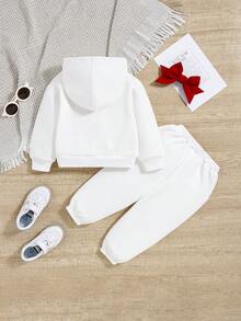 SHEIN 寶寶女孩休閒蝴蝶結圖案帽衫和長袖彈性腰長褲套裝 - 白色 - 查看 2