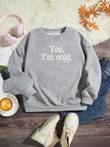 SHEIN Tween女童標語印花圓領衛衣,適合秋冬 - 灰色 - 查看 1