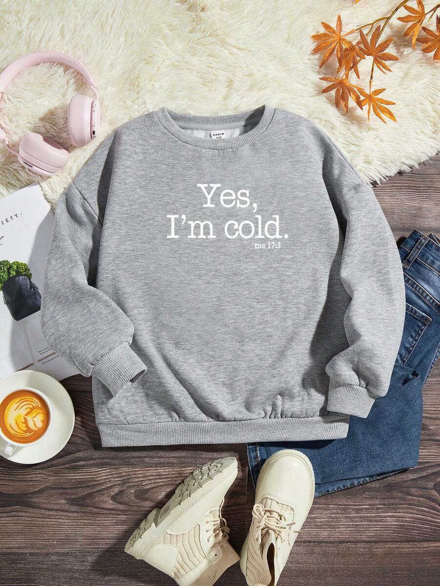 SHEIN Tween女童標語印花圓領衛衣,適合秋冬 - 灰色 - 查看 1