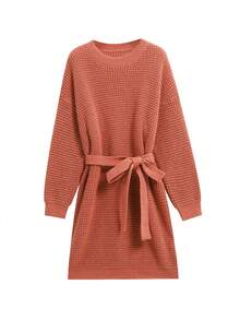 Flirla Của phụ nữ Kích thước lớn Màu thuần Áo len dệt kim Đầm Với thắt lưng - Cà phê nâu - Xem 3