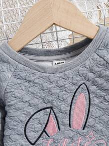 SHEIN 女嬰休閒可愛兔子圖案荷葉邊下擺長袖運動衫 - 灰色 - 查看 3