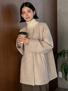 FRIFUL Women's Collarless Single-breasted Woolen Coat - Grey - View 4