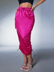 Hauture Drawstring Ruched Satin Cargo Skirt - Red Violet - View 5