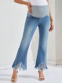 SHEIN 孕婦磨邊喇叭牛仔褲 - 中等水洗藍 - 查看 1