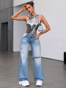 SHEIN ICON Women's Distressed Loose Straight Leg Jeans - Blue - View 4