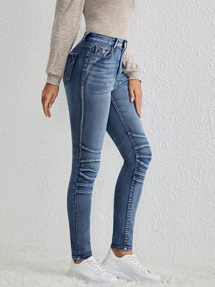 High Elasticity, Vintage Style, Heavy Duty, Water Washed, Press Creased Women'S Jeans