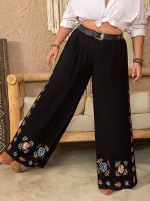 Rusttydustty Plus Size Flower Embroidery Wide Leg Pants - Black - View 8