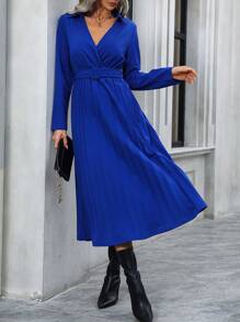 SHEIN Clasi Solid Color Pleated Belted Dress - Royal Blue - View 4