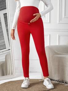 SHEIN 孕婦紅色緊身彈性牛仔褲,寬鬆舒適調節腰帶,休閒時尚聖誕裝