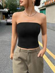 Muchica Women's Black Strapless Fitted Casual Top, Suitable For Summer