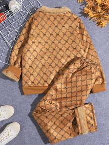 SHEIN Tween 男童全印花保暖内衬夹克，配有拉链和衣领以及裤子套装