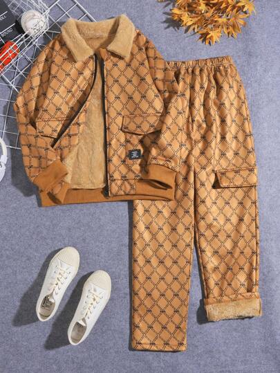 SHEIN Tween 男童全印花保暖内衬夹克，配有拉链和衣领以及裤子套装