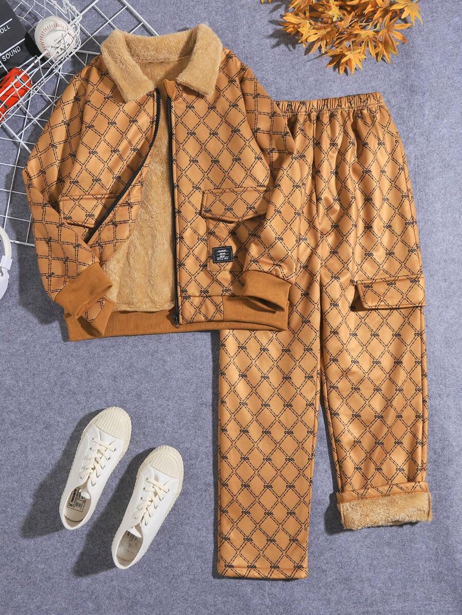 SHEIN Tween 男童全印花保暖内衬夹克，配有拉链和衣领以及裤子套装