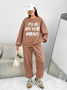 青少年針織泡沫印花運動衫和喇叭褲套裝 - 卡其色 - 查看 1