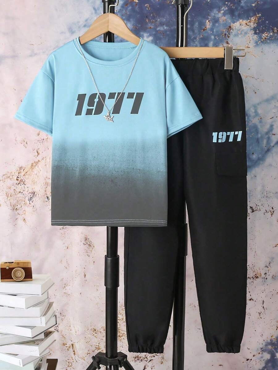 SHEIN Tween Boy Letter Graphic Ombre Tee & Pants - Baby Blue - View 1