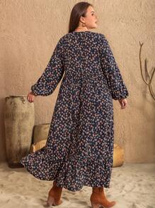 Rusttydustty Plus Size Loose Fit Side Split All-Over Printed Dress - Blue - View 2