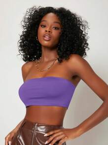 SHEIN BASICS 女性純色無肩帶上衣短款 - 紫色 - 查看 1