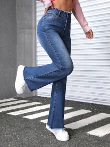 SHEIN EZwear Women's Geometric Print Frayed Hem Jeans - Medium Wash - View 5