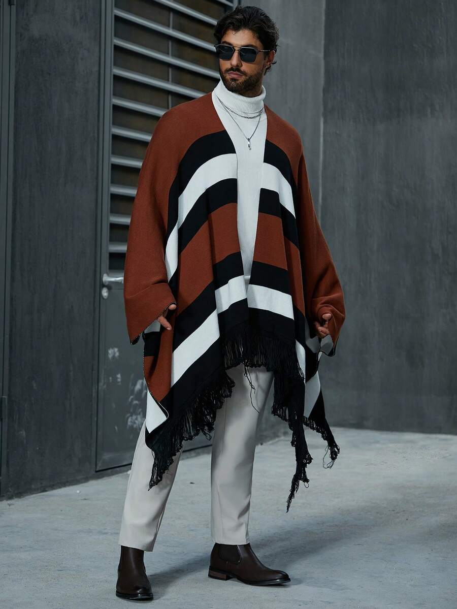 Manfinity Homme Áo khoác cardigan sọc màu khối hở phía trước không đối xứng cỡ lớn cho nam - Nhiều màu - Xem 1