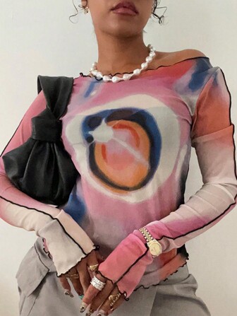 女式长袖时尚 Y2K 荷叶边下摆扎染 T 恤