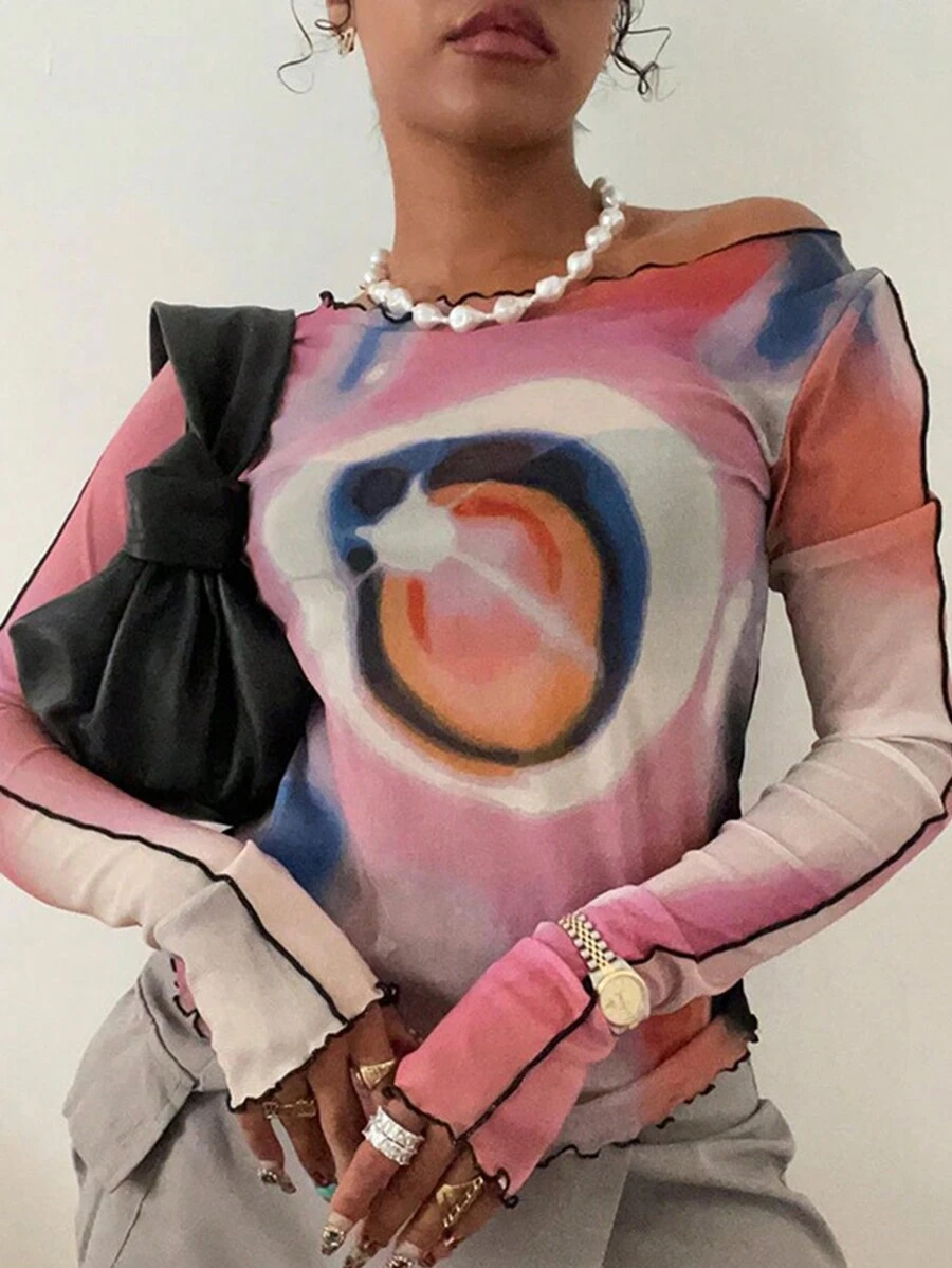 Women's Long Sleeve Fashionable Y2K Ruffle Hem Tie-Dye T-Shirt - Pink - View 1