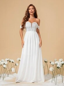 Off Shoulder Lace & 3d Flower Patchwork Chiffon Wedding Dress With High Slit - White - View 4