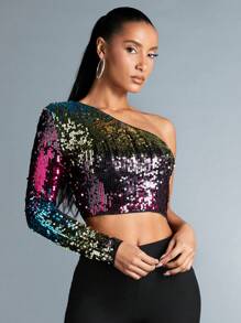 SHEIN BAE Women's One Shoulder Sequin Cropped Top - Hot Pink - View 1