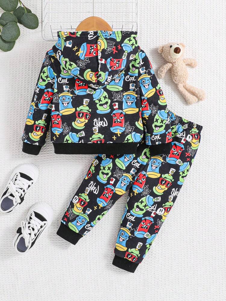 Baby Boy Cartoon Graphic Zip Up Hoodie & Sweatpants Without Tee