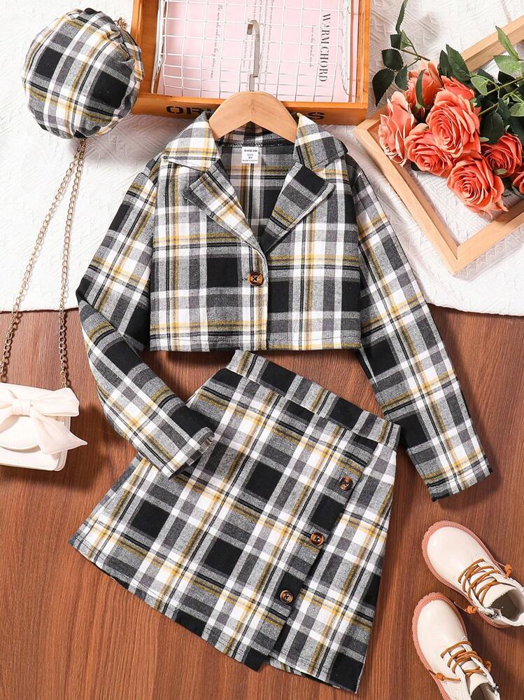 SHEIN Conjunto De Chaqueta Falda Y Sombrero De Nina A Cuadros