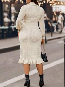 SHEIN Clasi Women's Plus Size Sweater Dress With Ruffled Hem And Collar - Apricot - View 2