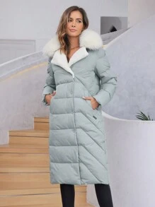 HaiLuoZi Cappotto imbottito con cappuccio, slim fit, dal collo di pelliccia, casual invernale - Grigio - Visualizzare 3