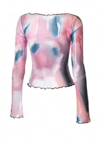 Women's Long Sleeve Fashionable Y2K Ruffle Hem Tie-Dye T-Shirt