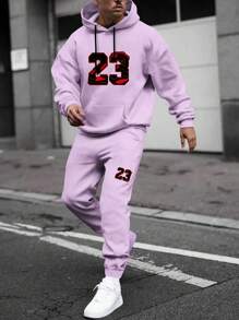 Aesthetic Post Nam Số In ấn Dây rút Hoodie Và Quần thể thao Bộ - Màu tím - Xem 1