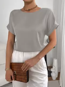 SHEIN Essnce Women's Solid Color Round Neck Casual Short Sleeve Blouse - Grey - View 3